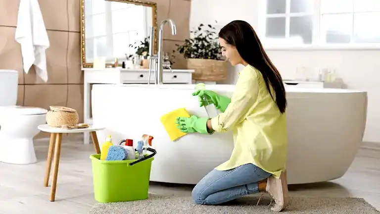 Banyo Nasıl Temizlenir | Etkili Banyo Temizlik İpuçları 4 banyo nasıl temizlenir adım adım banyo temizliği yapan kişi